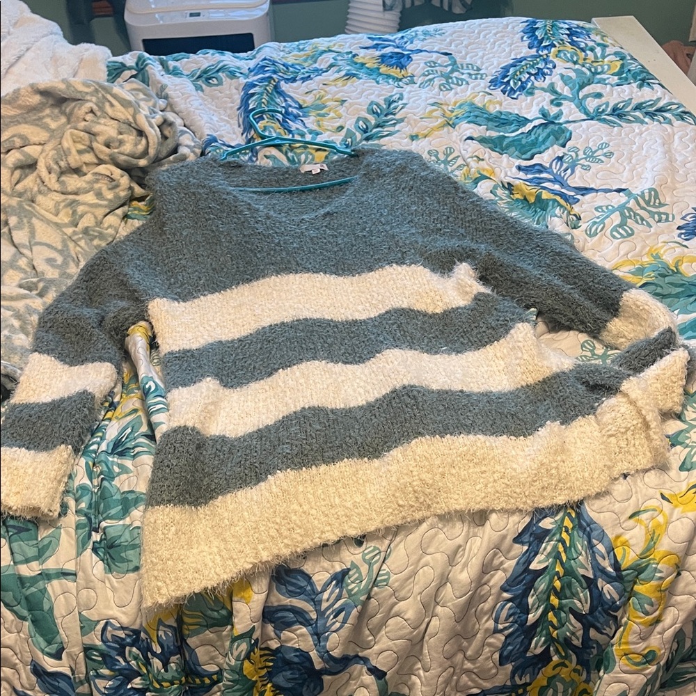 SO Cozy Striped Sweater - Green and Cream